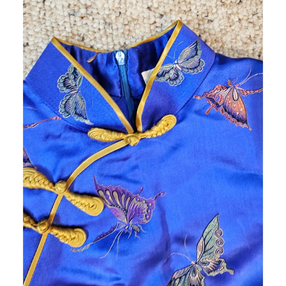 Blue Satin Butterfly Embroidered Cheongsam Qipao Maxi Dress Mandarin Collar - Picture 8 of 16